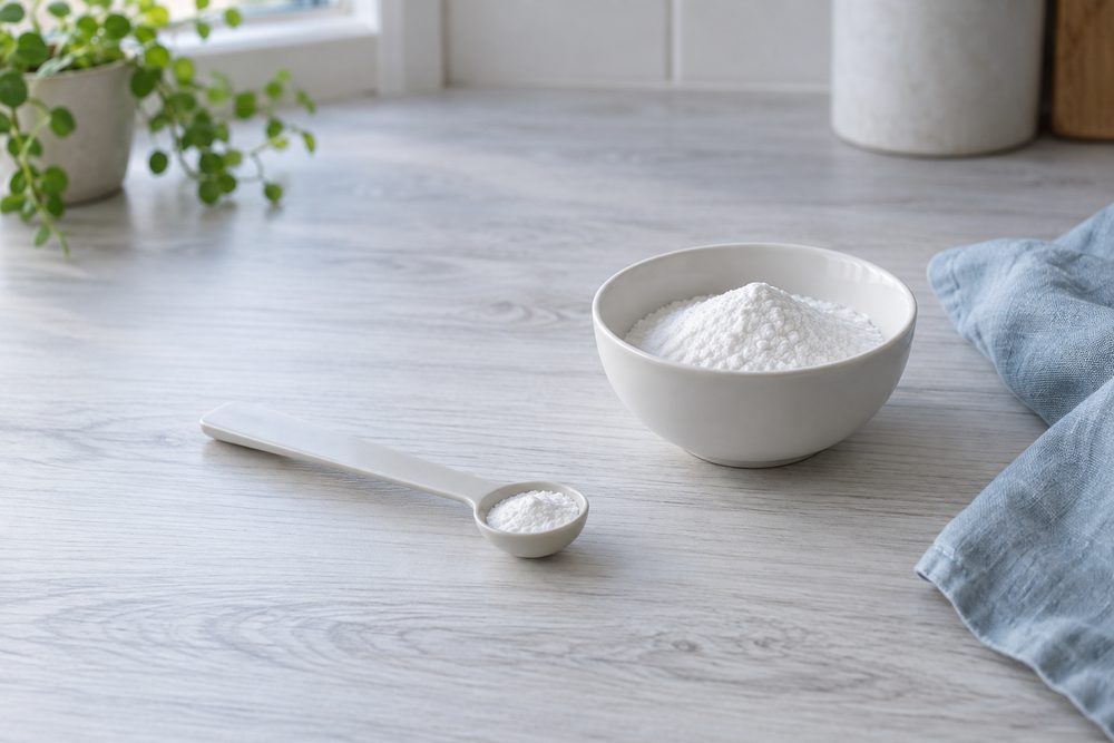 白とグレーの木目のキッチン台に、少量の粉末を載せた計量スプーンと、粉末を入れた小さな無地の器を余白を持たせて置く(イメージ)