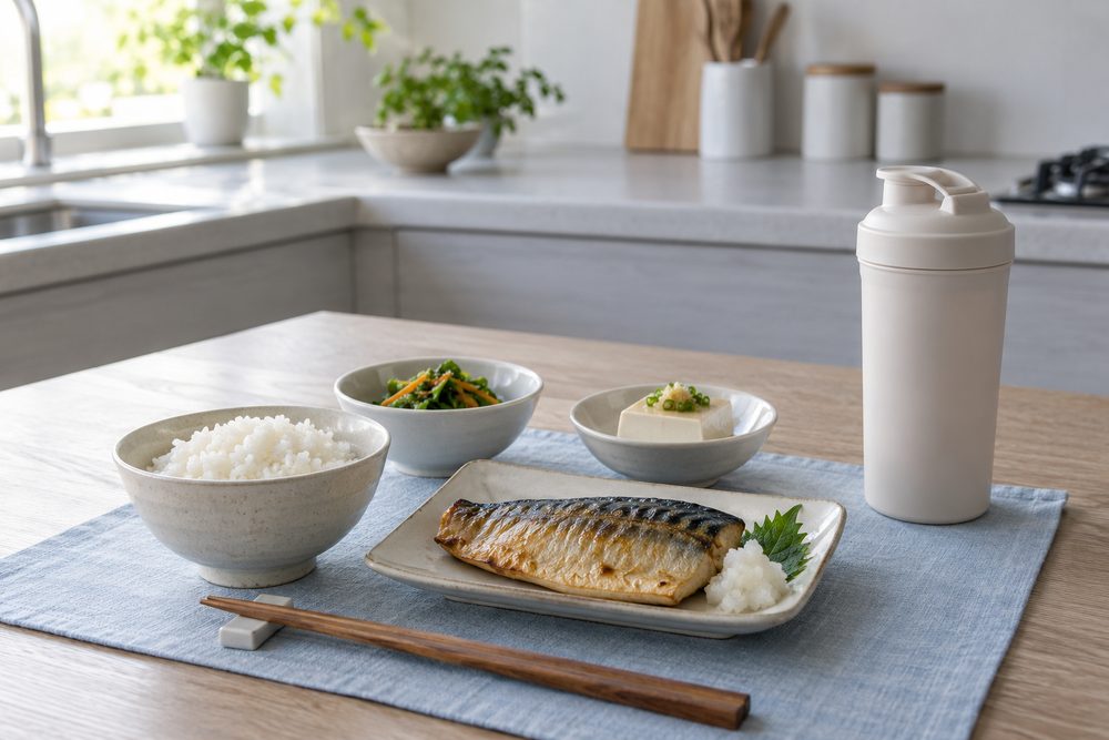 白とグレーの木目のキッチンで、ご飯、焼き魚、豆腐、野菜の小鉢を無地の器に盛り、そばに文字も目盛りもないシェイカーを置いた静物（イメージ）