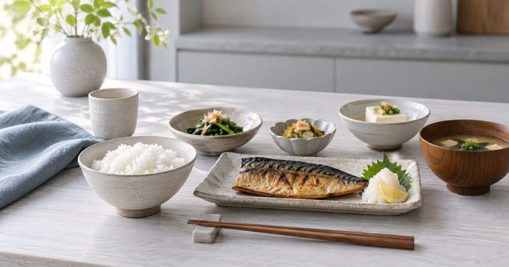 白とグレーの木目を基調にした落ち着いたキッチンで、ご飯、焼き魚、豆腐、野菜の小鉢を無地の食器に並べた写真風の静物（イメージ）
