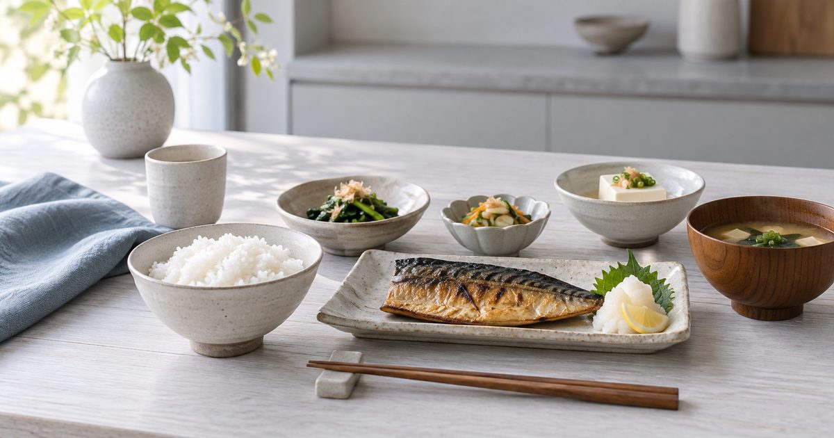 白とグレーの木目を基調にした落ち着いたキッチンで、ご飯、焼き魚、豆腐、野菜の小鉢を無地の食器に並べた写真風の静物（イメージ）