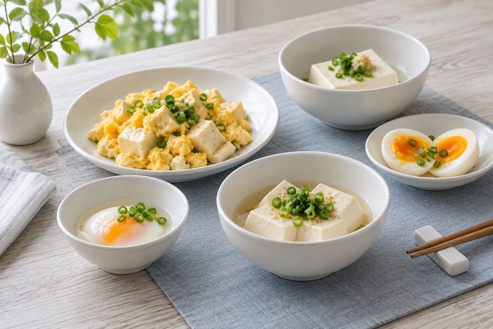 白とグレーの木目のキッチンテーブルに、大小の無地の白い器と、卵や豆腐を使った料理を置いた写真風の静物（イメージ）