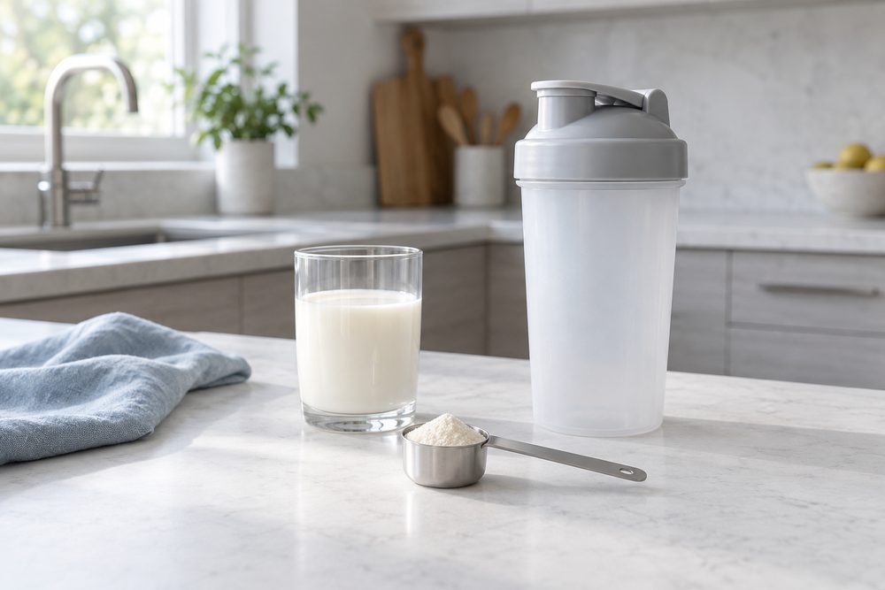 白とグレーの木目のキッチンで、小さな透明グラスに入れた牛乳と、白い粉末をのせた計量スプーン、文字もラベルもない無地のシェイカーを配置する（イメージ）